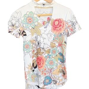Floral Choker Neck Cutout Top Short Sleeve  GLAZE  White L Johnny Was inspired